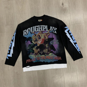 เสื้อยืดโอเวอร์ไซส์แขนยาวสำหรับผู้ชาย ROUGHPLAY พร้อมลายพิมพ์ สตรีทแวร์ คอกลม แต่งขอบตัดกัน ผ้าเจอร์ซีย์คอตตอน - Product Image 3
