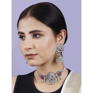 GS Maroon Flower Peacock <b>Choker</b> with Zircon for Wedding Occasions - Product Image 3