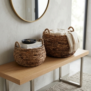 Ensemble de paniers de rangement modernes écologiques en écorce de bananier naturelle, avec pot de fleurs tressé épais en forme de ventre et poignée en arche, pour la décoration intérieure - Product Image 6