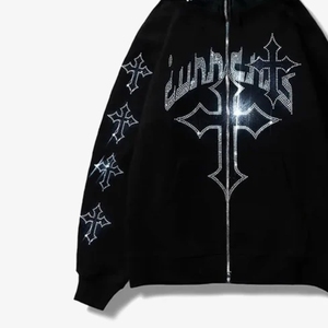 Top Applique Embroidery Distressed Hoodie <b>Rhinestone</b> Zip up <b>Jacket</b> Acid Wash Vintage Washed Men Fleece Streetwear Hoodie - Product Image 6