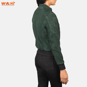 Veste de bombardier en cuir suédé véritable pour femmes, coupe ajustée, vert, doux, chaud, manteau d'hiver, décontracté, fermeture à glissière, solide, teint en plaine. - Product Image 3