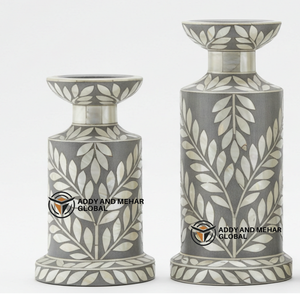 Handmade Mother Pearl Inlay Straight Shape <b>Candle</b> Holder <b>Set</b> with Turquoise Floral Design Reusable Christmas Home Decor - Product Image 3