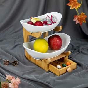 Bandeja para servir de cerámica blanca de 2 capas de estilo nórdico con soporte de madera y cajón de cubiertos Utensilios de cocina elegantes para uso en comedor o fiesta - Product Image 1