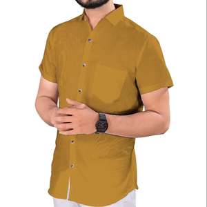 Vente en gros de chemise à manches courtes en satin orange pour hommes, sans repassage, anti-rides, respirant, avec col, tenue professionnelle d'été décontractée pour les affaires - Product Image 1