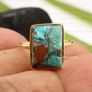 10x14mm Chrysocolle Cuivre Anneau Rectangle Lunette Réglage 18K Micron Or Plaqué Rhodium 925 Argent Sterling Noël Eternité - Product Image 6