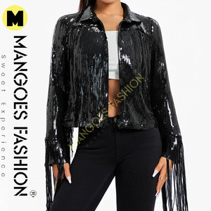 Women's Autumn Winter Black Color <b>Sequin</b> Party <b>Jackets</b> Sparkly Long Sleeve Open Front Tassel Blazers Cotton Filling Quilted - Product Image 3