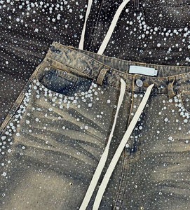 Custom Printed <b>Jean</b> Shorts for <b>Men</b> High-Waist Distressed Vintage Double <b>Jeans</b> Breathable Light Crystal Rhinestone <b>Men's</b> Shorts - Product Image 3