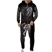 Ensemble de survêtement pour homme, imprimé crâne d'ange, grande taille, sweat à capuche noir et pantalon, hiver, poids lourd, 100% coton, écologique, antibactérien