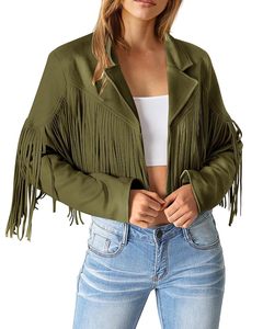 Nuevo abrigo corto con flecos para mujer con solapa de motocicleta y otoño para mujer, chaqueta universitaria de cuero de motorista de gamuza auténtica personalizada - Product Image 5