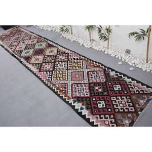 Alfombra de 2.8x13.1 pies, Alfombra Turca, Alfombra Roja con Diseño de Cuadros Kilim - Product Image 4