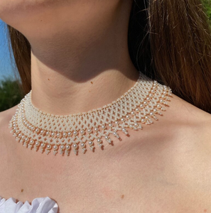 White Shining <b>Necklace</b>, Handmade <b>Beaded</b> <b>Necklace</b>, White Gold <b>Necklace</b> <b>Necklace</b>, Fringe <b>Beaded</b> Bandana - Product Image 1