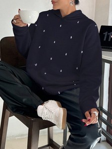 Sudadera con capucha de lana de gran tamaño para mujer, azul marino, adornos de diamantes de imitación, piedras grandes brillantes, ropa de calle con hombros caídos, Top - Product Image 2