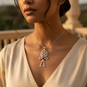 Colgante de Cruz Pentagrama de Plata 925 con Granate, Joyería Religiosa Wicca, Chapado en Rodio, Dije de Oro Rosa - Product Image 2