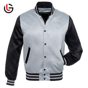 Blouson aviateur en satin élégant et personnalisé pour hommes et femmes, veste d'hiver respirante, design de baseball Letterman, couleur contrastée, devant noir - Product Image 1