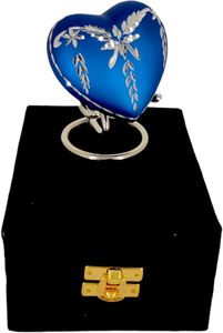Classic Heart Shape <b>Keepsake</b> Urn for Human Ashes with <b>Box</b> and Stand - Lovely Blue Colour with Diamond Cut Design 7 cms high - Product Image 2