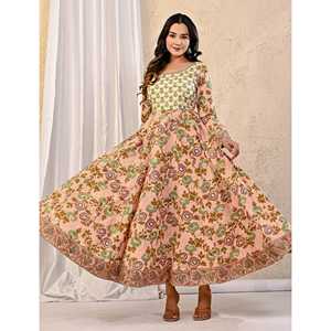 Vestido Anarkali de Algodón Estampado Peach Jaal, Elegante, con Cuello Cuadrado, Estilo Imperio, 100% Algodón, para Bodas y Fiestas, Talla 5XL, Largo hasta el Suelo/Hasta la Rodilla - Product Image 6