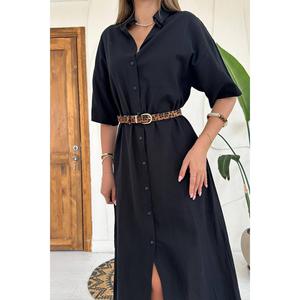 Vestido de Lino Negro al por Mayor de Manga Corta, Silueta Holgada y Cómoda - Product Image 2