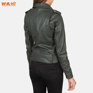 Veste de motard en cuir vert véritable pour femmes Slim Fit Belted Waist Asymmetrical Zipper Classic Lapel Style Solid Plain Dyed - Product Image 4