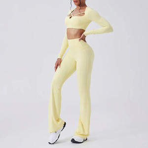 Traje de Yoga de manga larga sólido para mujer, chándal deportivo para gimnasio, entrenamiento, correr, con logotipo frontal, cintura elástica, conjunto de ropa deportiva elegante - Product Image 2