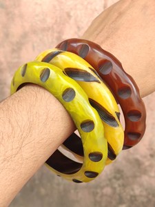 Newly Vintage Resin Carved Bangles Set Yellow Brown Pattern Acrylic Jewelry Unisex Fashion <b>Bracelets</b> Wide Stylish design Woman - Product Image 4