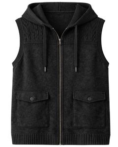 Manufacturer Custom Men <b>Black</b> Hooded Sleeveless Cable <b>Knit</b> <b>Vest</b> Wool Acrylic Blend Full Zip Winter Casual Sweater With Pockets - Product Image 1