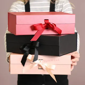 定制粉色折叠礼品盒刚性磁性折叠盒服装包装折叠礼品盒带丝带