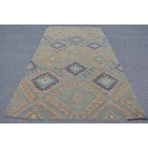 Alfombra Kilim turca Vintage 5,6X10,1 pies Beige negro Diseño a rayas de látex de lana para sala de estar pasillo adolescentes estilo Patchwork - Product Image 1