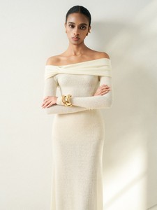 ชุดเดรสแขนยาวสำหรับผู้หญิง, ชุดเดรสยาวผ้าแจ็คการ์ดขนสัตว์ด้านหน้าบิดเป็นเกลียวผ้าแจ็คการ์ดสีขาวลายลูกไม้มดเวียดนาม - Product Image 4