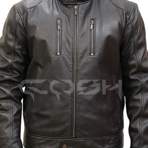 Chaqueta de Cuero Genuino para Hombre, Estilo Racer, Color Negro, con Cuello Alto y Bolsillos con Doble Cremallera, Proveedor OEM al por Mayor - Product Image 5