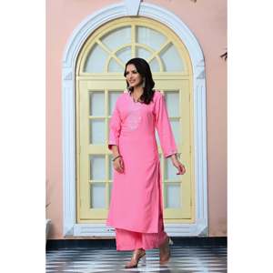Espejo bordado Rosa Taffy trabajo rayón Kurta con diseño personalizado hasta el suelo Palazzo XS a XL para días de bodas suministro ODM - Product Image 4