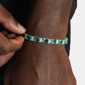 <b>Mens</b> 925 Silver Rhodium Plated Moissanite Emerald Cut Green and Blue Stone Wrap Bracelet Luxury Iced Link Fashion Jewellery - Product Image 2