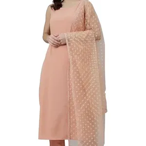 Indian Women's Peach Poly Crepe Kurta with Pant and Dupatta ladies office party wear dress