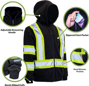 Manches longues nouveau sweat à capuche de sécurité réfléchissant noir fermeture éclair haute visibilité logo sur mesure sweat à capuche de sécurité avec poche - Product Image 1