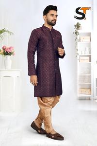 Maruti moda hombres Manyavar estilo nuevo diseño Indowester tela pesada Jacquard en relieve Kurta terciopelo Dhoti boda fiesta desgaste - Product Image 6