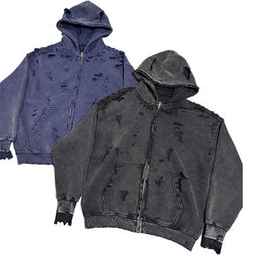 Sudaderas con capucha para hombre Sudadera con cremallera personalizada Blanqueamiento Lavado Hip Hop Streetwear Sudadera con capucha desgastada de gran tamaño Bordado CustomHoodies Hombres - Product Image 2