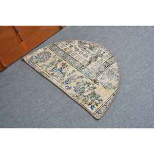 Alfombra Vintage, Redonda de 2.5x1.5 pies, Alfombra Turca, Alfombra Persa de Lana Azul Marrón - Product Image 1