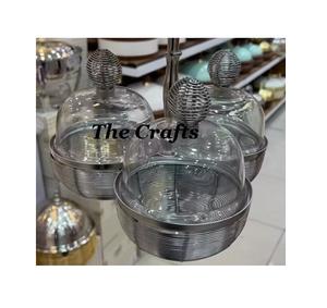 <b>Set</b> Of Three Round Shape Serving Bowl In Iron Wire Silver Color Chocolate Bowl With Glass Cover For Sale - Product Image 1