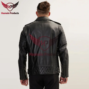 Blouson en cuir véritable noir pour homme, fermeture éclair asymétrique, manches matelassées en peau de mouton, style motard, matelassage losanges, veste d'hiver épaisse personnalisée - Product Image 4