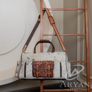 Bolsa de lona grande de cuero de vaca mecanizada a mano y con pelo, bolsa de equipaje de noche de cuero genuino, bolsas de viaje de fin de semana para Unisex - Product Image 1