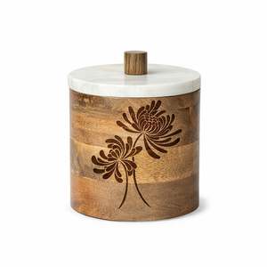 Pot de rangement en bois avec sculpture de saule pleureur et couvercle en marbre, artisanat en bois de manguier, décoration naturelle - Product Image 3