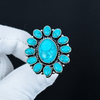 Elegante Anillo de Piedra Preciosa Turquesa Hecho a Mano en Plata de Ley 925 de Primera Calidad, Estilo Vintage, Chapado en Rodio, Corte Ovalado, Unisex