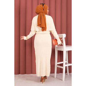 Autumn Casual Cape <b>Knit</b> Dress <b>Set</b> with Button Detail for Cream Print Style - Product Image 5