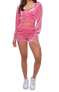 Wholesale Women's Customized Solid Velvet Zip Crop Hoodie Elasticated Low Inseam <b>Shorts</b> Luxury Sweat Suit For <b>Men</b> 2026 - Product Image 4