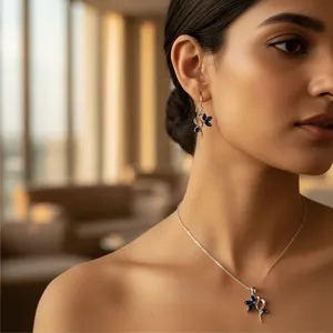 Ensemble de bijoux en argent 925 avec pendentif fleur en saphir bleu et boucles d'oreilles pour femme, idéal pour un usage quotidien romantique - Product Image 1