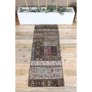 Turkish Vintage Eco-Friendly Fringed Rug 2.2x5.9 ft (68x180 Cm) Patchwork <b>Brown</b> <b>Wool</b> with Latex Backing - Product Image 1