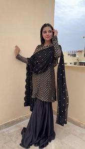 Lancement spécial festif nouveau Designer Party Wear Look Top Sharara Faux Georgette à manches longues avec travail brodé avec Dupatta - Product Image 2
