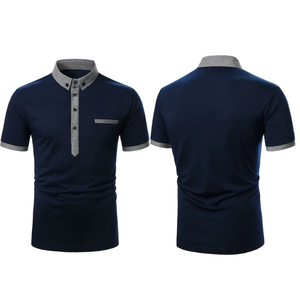 Polo à col montant de couleur bleue unie, coupe ajustée, poche à patte contrastée, style boutonné à manches courtes, t-shirts polo pour hommes - Product Image 3