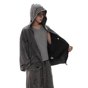 Conjunto Deportivo Personalizado para Hombre, Estilo Urbano, Lavado Ácido, Desgastado, 100% Algodón, Sudadera con Capucha y Cremallera, Pantalones Acampanados, Traje Deportivo Estampado para Invierno - Product Image 1