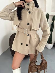 Elegant Beige Casual <b>Safari</b> Jacket Belt Full Sleeve <b>Shirt</b> Collar Double Breasted Regular Length Autumn Wear Reversible Windproof - Product Image 6