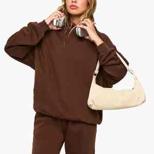 Wholesale Custom Made 100% Cotton 380 GSM Heavyweight <b>Velour</b> Pullover <b>Hoodie</b> Women Long Drop Shoulder Streetwear Hip Hop Front - Product Image 4